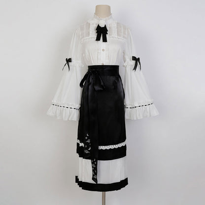 Floral White Shirt Black Bow Skirt Set SE22779