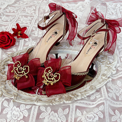 Red Lolita Wedding Heels with Gold Tassel Bow SE23963