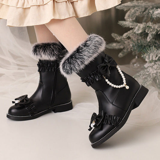 Beaded Bow Flat Boots SE22929