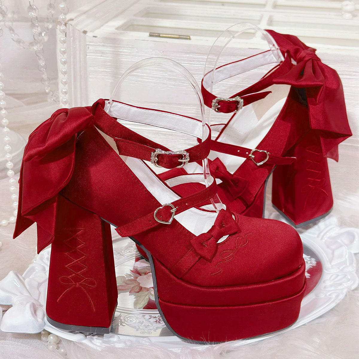 Double CC Big Bow High Heels Sheepskin Light Pink / Black