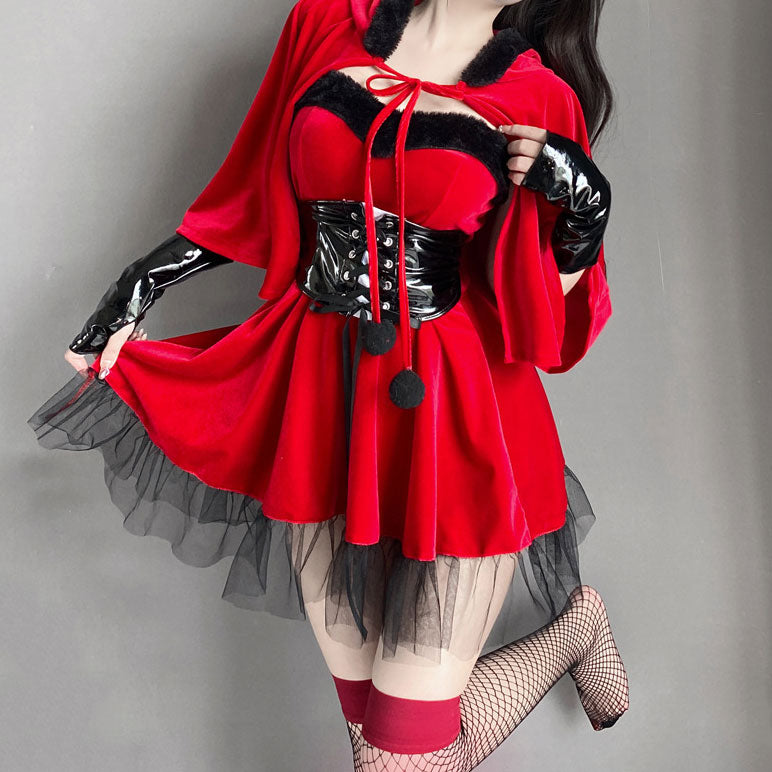 Black Belted Red Velvet Dress Set SE23002