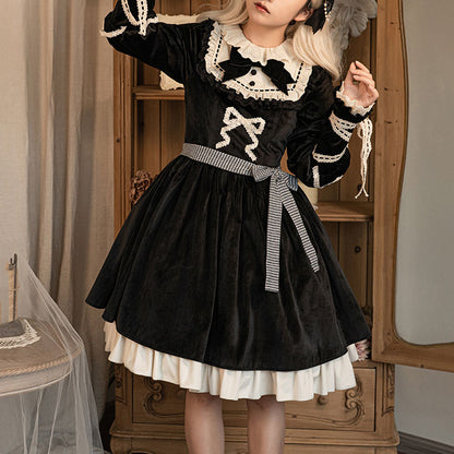 Black Bow Velvet Dress Woolen Cape Coat 22923