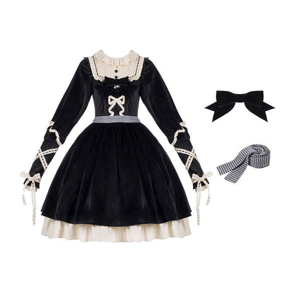 Black Bow Velvet Dress Woolen Cape Coat 22923