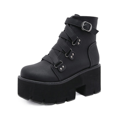 Black Buckle Strap Platform Combat Boots SE23564