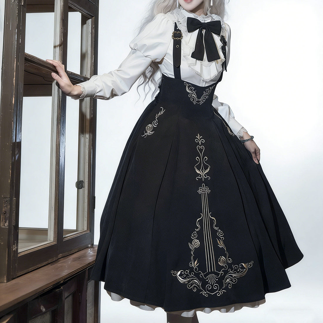 Black Gothic Lolita Dress with Violin Embroidery SE23860