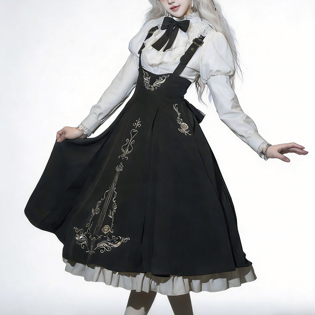 Black Gothic Lolita Dress with Violin Embroidery SE23860