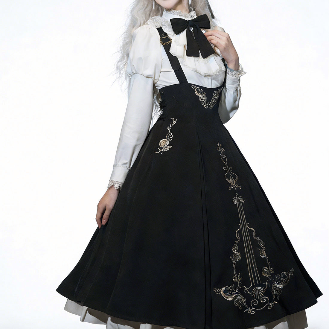 Black Gothic Lolita Dress with Violin Embroidery SE23860