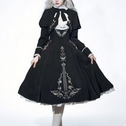 Black Gothic Lolita Dress with Violin Embroidery SE23860