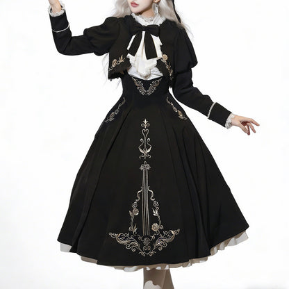 Black Gothic Lolita Dress with Violin Embroidery SE23860