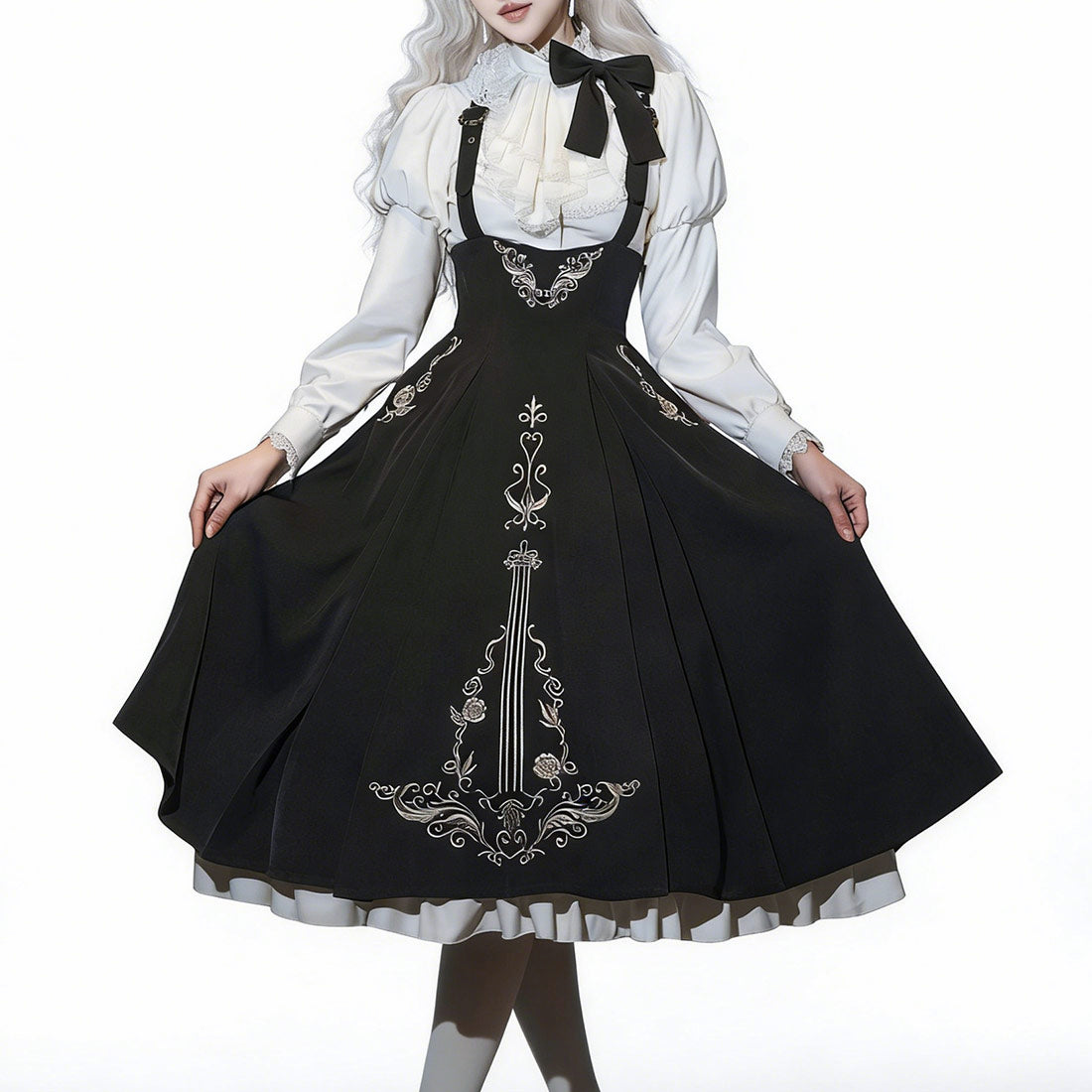 Black Gothic Lolita Dress with Violin Embroidery SE23860