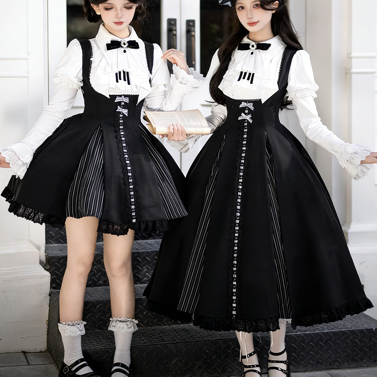 Black Lolita Dress with White Ruffled Blouse SE23892