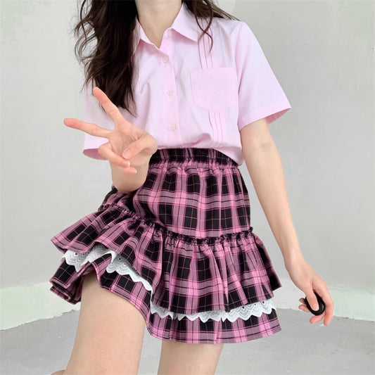 Black Pink Lace Plaid Skirt SE22684
