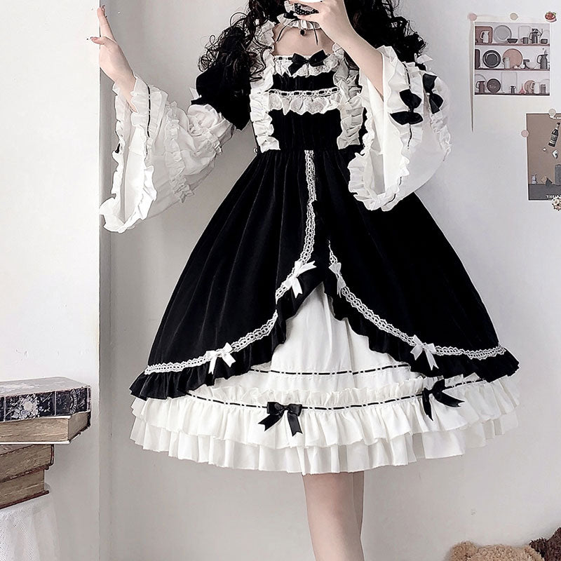 Black White Lolita Bow Dress SE22764