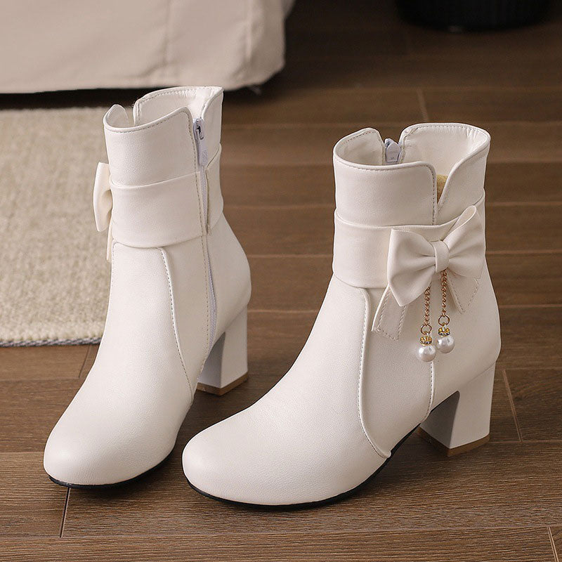 Bow Chunky High Heels Shoes For Women SE22927