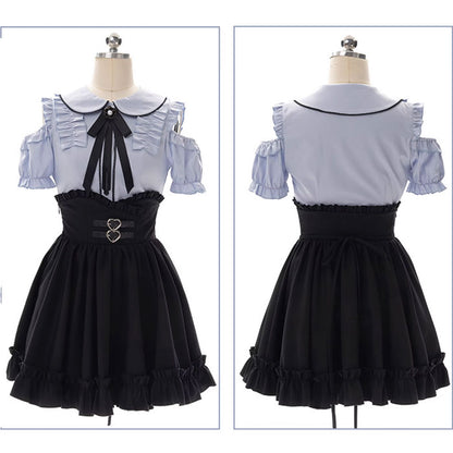 Bow Off Shoulder Blouse Black Skirt Set SE22839
