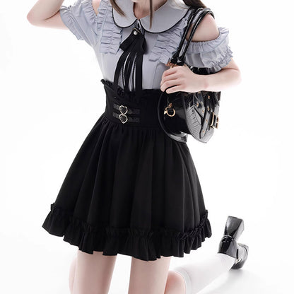 Bow Off Shoulder Blouse Black Skirt Set SE22839