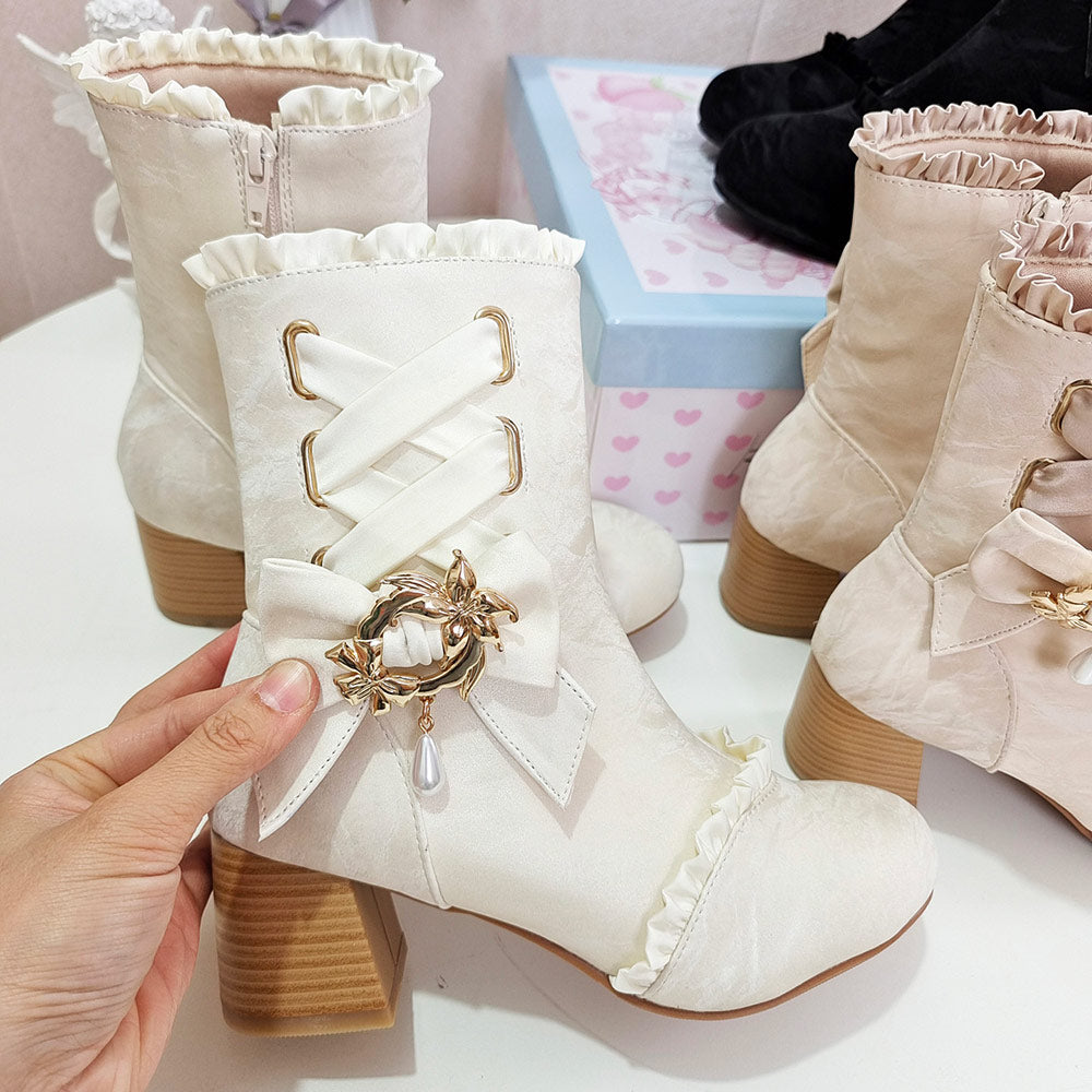 Bow Pearl Pendant Lolita Ankle Boots SE23802
