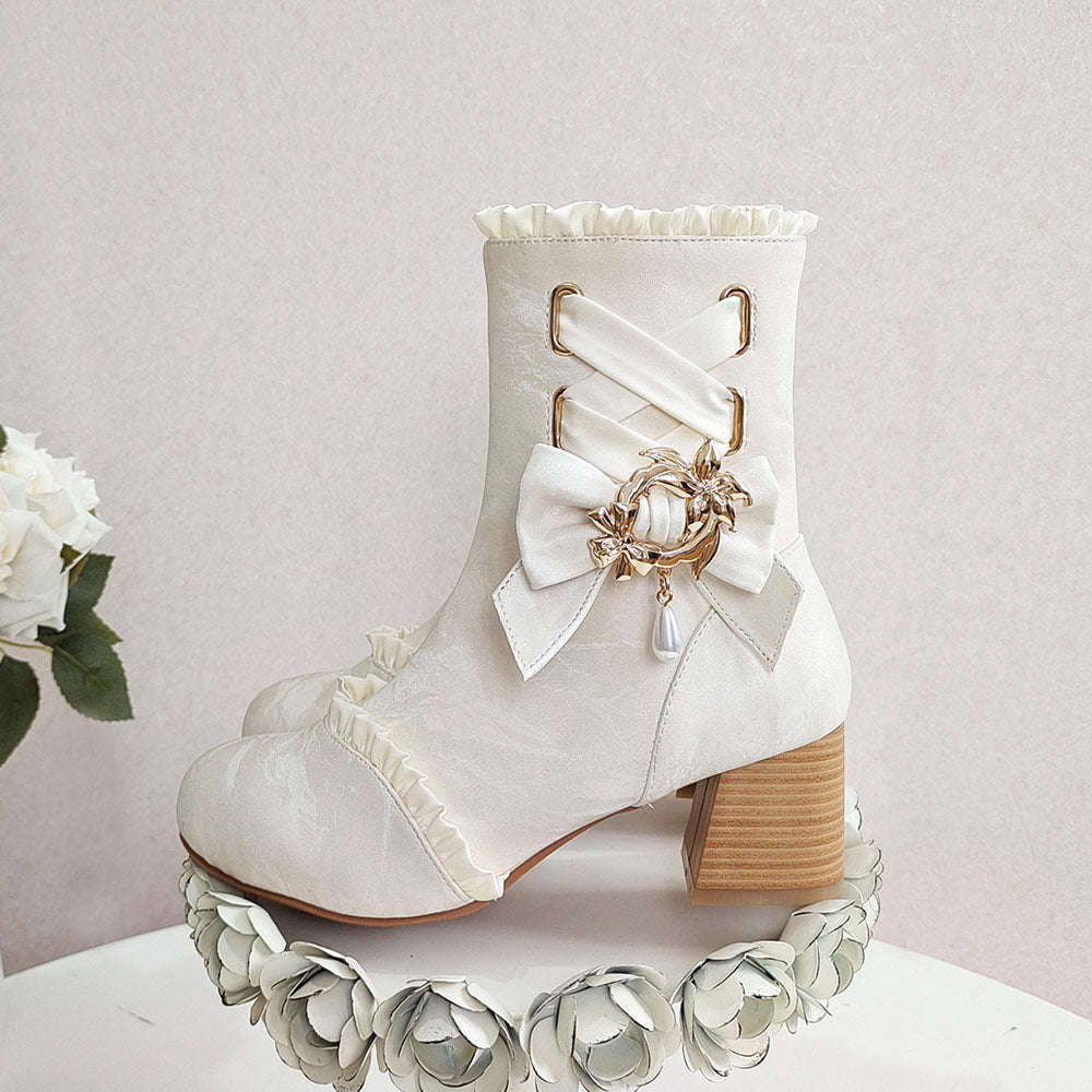 Bow Pearl Pendant Lolita Ankle Boots SE23802
