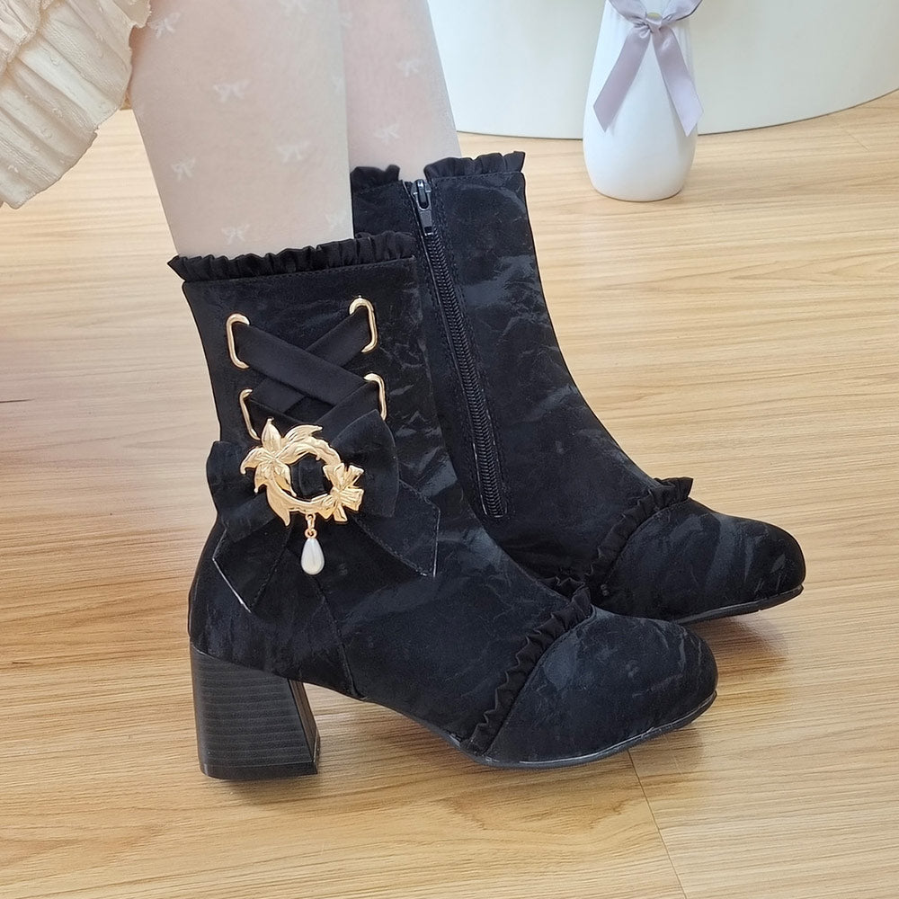 Bow Pearl Pendant Lolita Ankle Boots SE23802