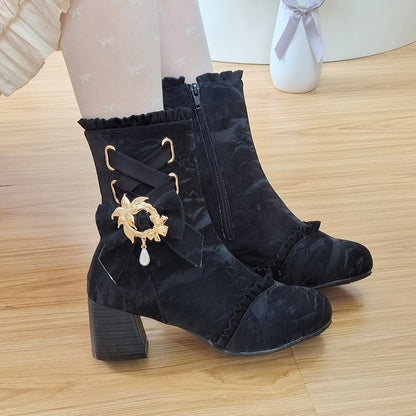 Bow Pearl Pendant Lolita Ankle Boots SE23802
