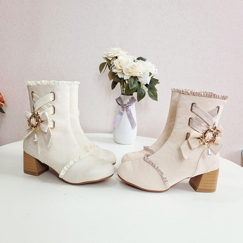 Bow Pearl Pendant Lolita Ankle Boots SE23802