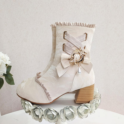 Bow Pearl Pendant Lolita Ankle Boots SE23802
