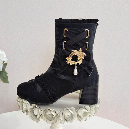 Bow Pearl Pendant Lolita Ankle Boots SE23802