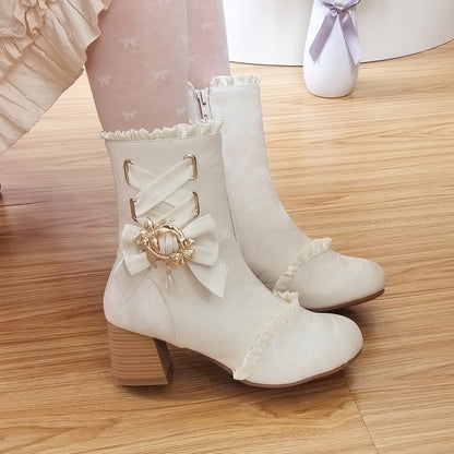 Bow Pearl Pendant Lolita Ankle Boots SE23802