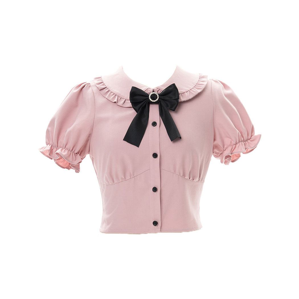 Bow Pink Shirt Ribbon Black Skirt Set SE22840