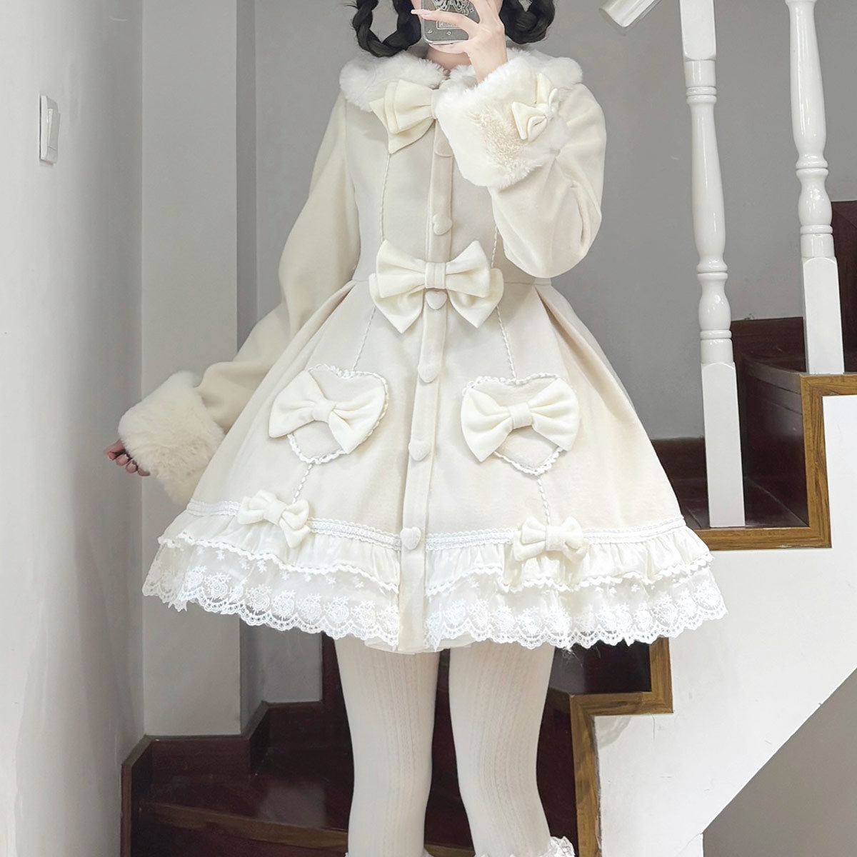 Bow Woolen Coat Dress SE23760