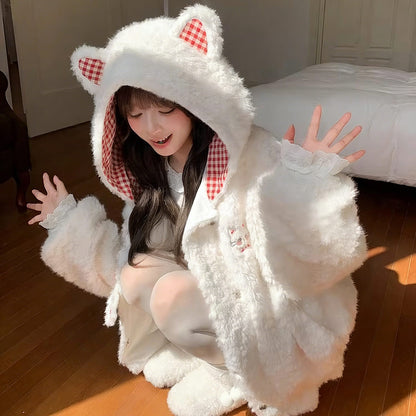 Checkered Plush Cat Hoodie Coat SE23837