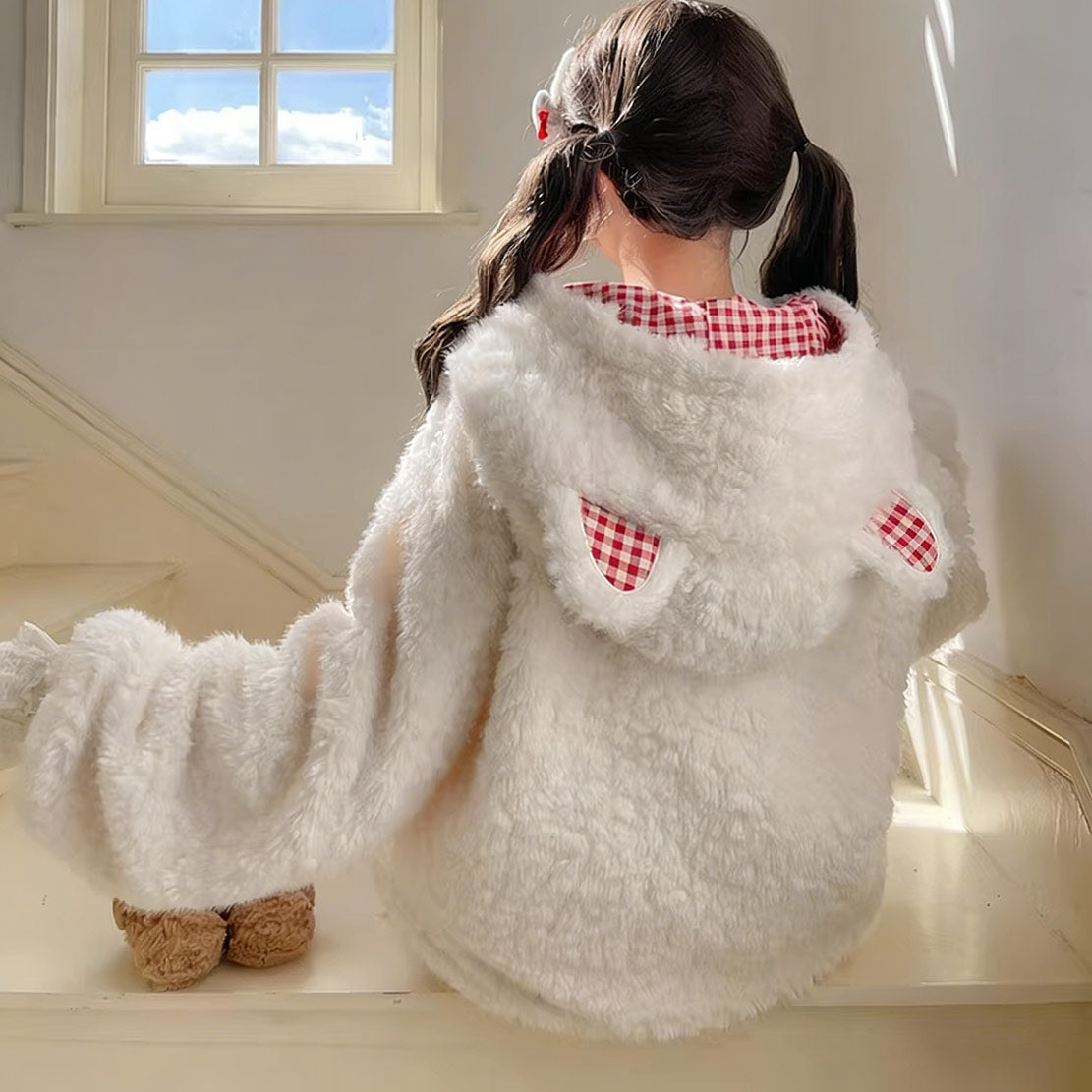 Checkered Plush Cat Hoodie Coat SE23837