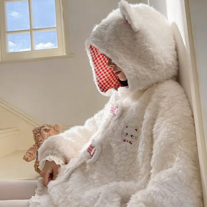 Checkered Plush Cat Hoodie Coat SE23837