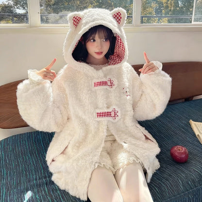 Checkered Plush Cat Hoodie Coat SE23837