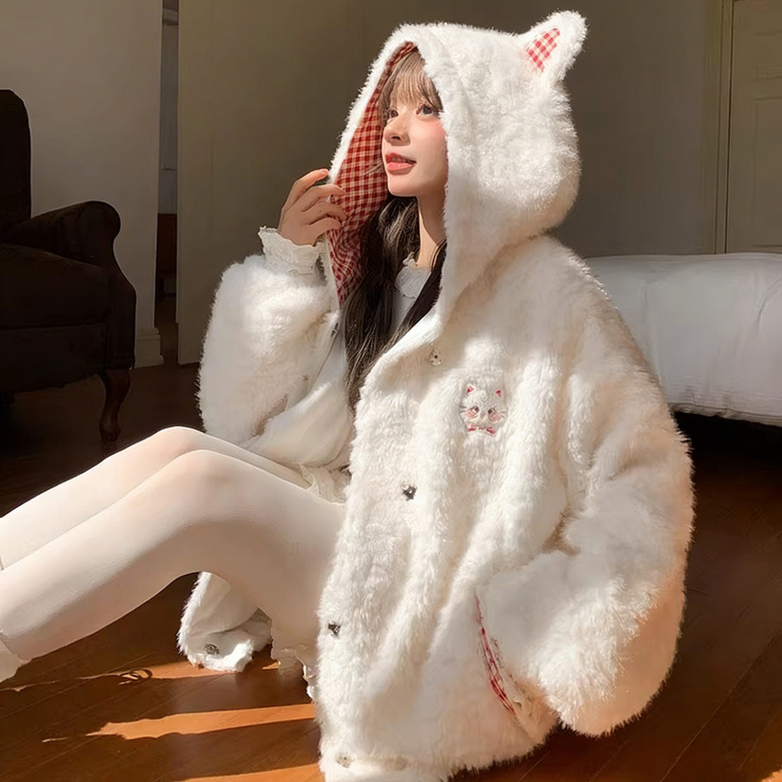 Checkered Plush Cat Hoodie Coat SE23837