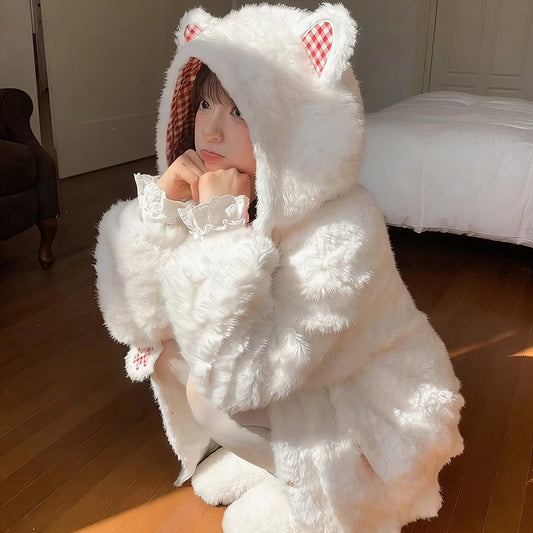 Checkered Plush Cat Hoodie Coat SE23837
