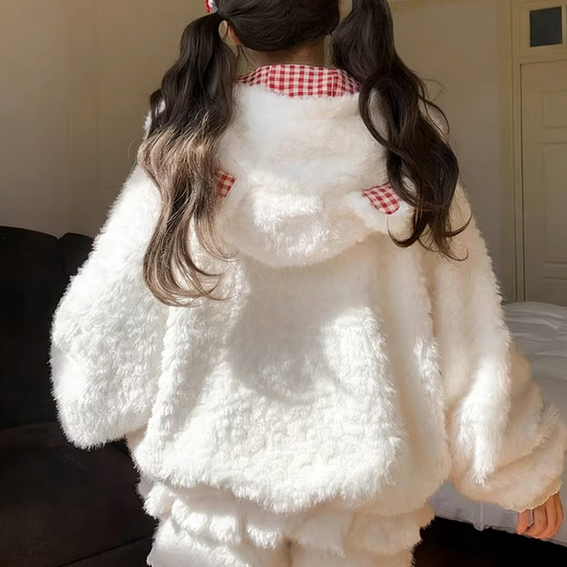 Checkered Plush Cat Hoodie Coat SE23837