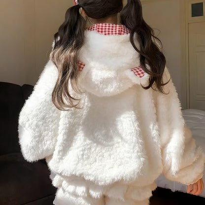 Checkered Plush Cat Hoodie Coat SE23837