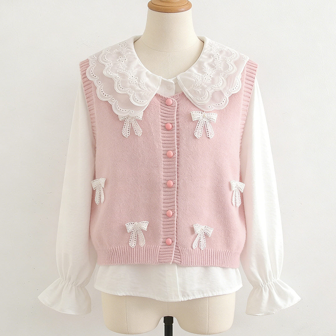 Cute Lace Collar Shirt with Bow Knit Vest Set SE23898