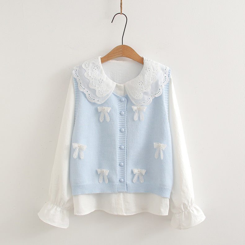 Cute Lace Collar Shirt with Bow Knit Vest Set SE23898
