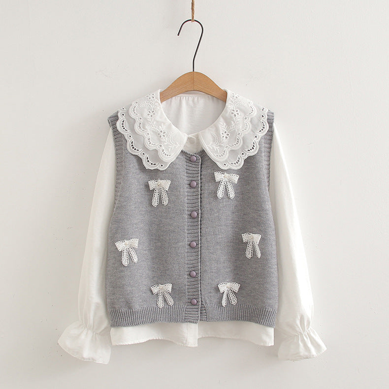 Cute Lace Collar Shirt with Bow Knit Vest Set SE23898