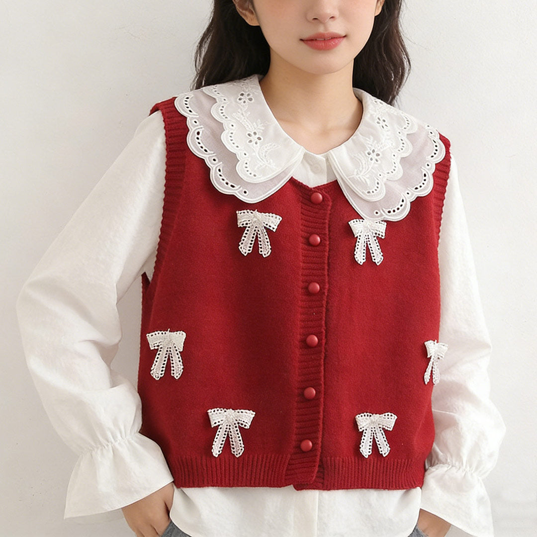 Cute Lace Collar Shirt with Bow Knit Vest Set SE23898