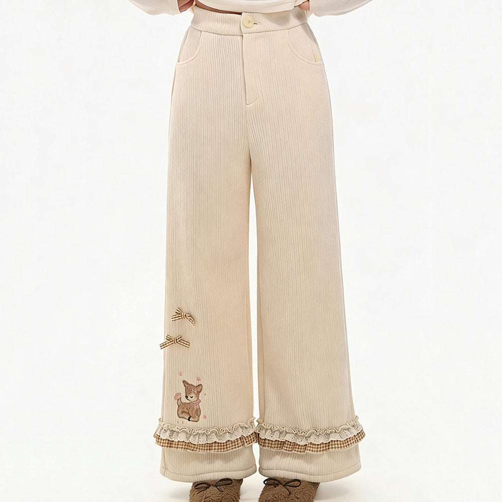 Deer Embroidered Corduroy Fleece Lined Pants SE23812