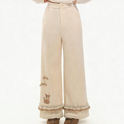 Deer Embroidered Corduroy Fleece Lined Pants SE23812