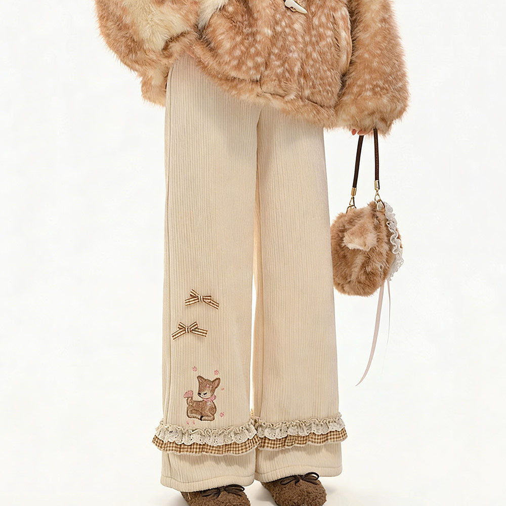 Deer Embroidered Corduroy Fleece Lined Pants SE23812