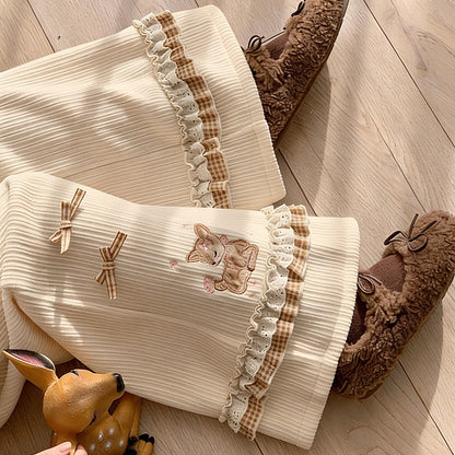 Deer Embroidered Corduroy Fleece Lined Pants SE23812