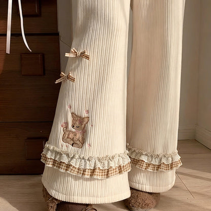 Deer Embroidered Corduroy Fleece Lined Pants SE23812