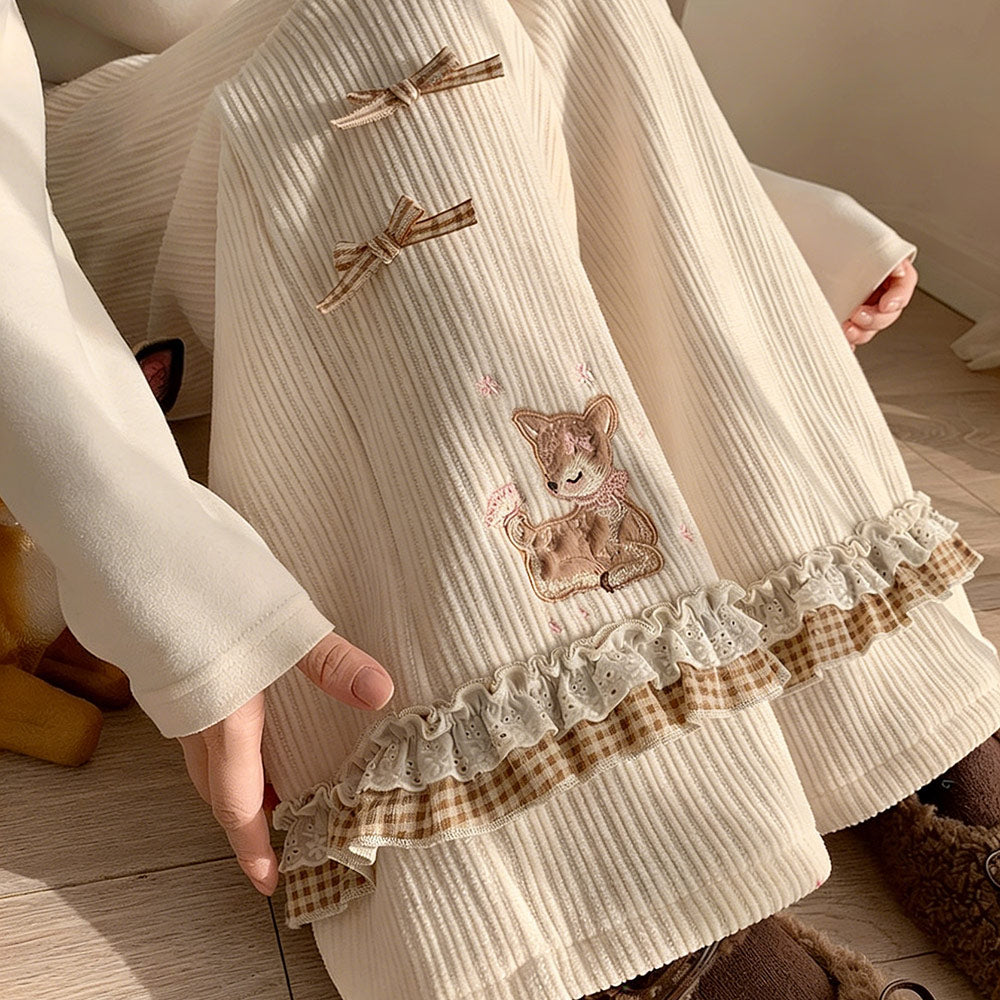 Deer Embroidered Corduroy Fleece Lined Pants SE23812