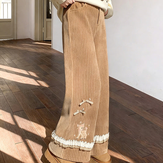 Deer Embroidered Corduroy Fleece Lined Pants SE23812