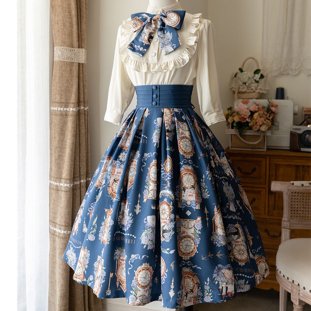 Elegant Clock Flower Skirt Bow Blouse Set SE22734